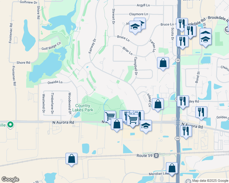 map of restaurants, bars, coffee shops, grocery stores, and more near 930 Fairway Drive in Naperville