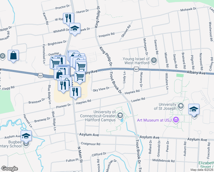 map of restaurants, bars, coffee shops, grocery stores, and more near 11 Sky View Drive in West Hartford