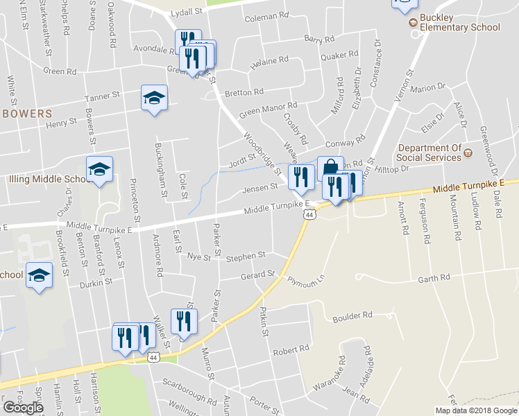map of restaurants, bars, coffee shops, grocery stores, and more near 425 Middle Turnpike East in Manchester