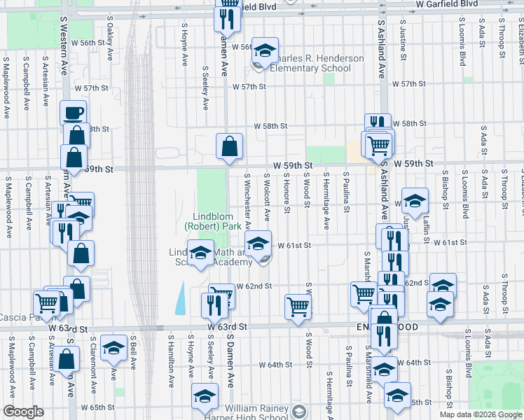 map of restaurants, bars, coffee shops, grocery stores, and more near 6028 South Wolcott Avenue in Chicago