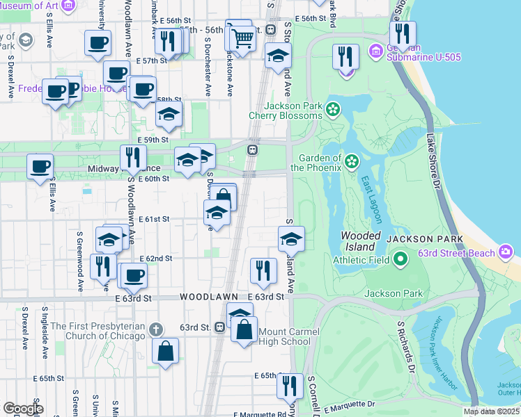 map of restaurants, bars, coffee shops, grocery stores, and more near 6040 South Harper Avenue in Chicago