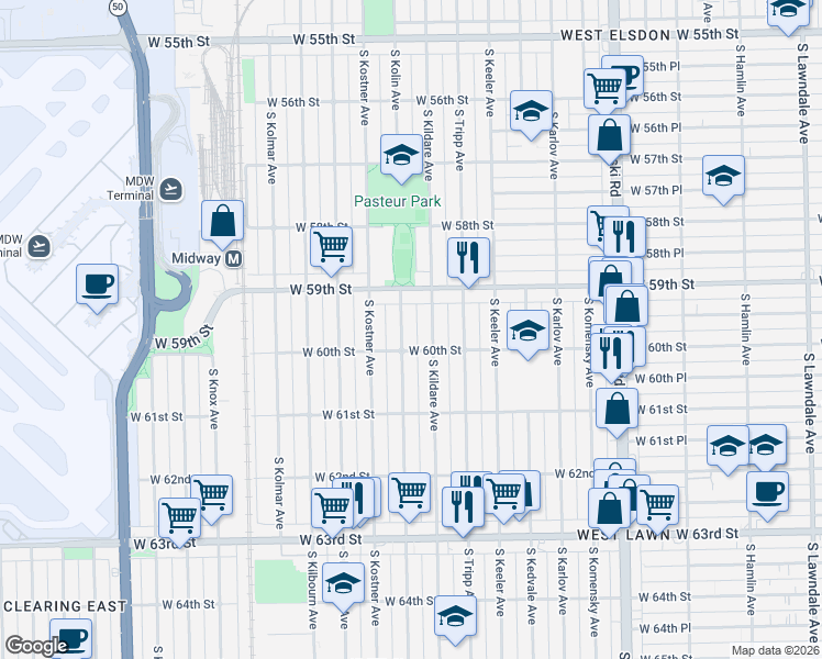 map of restaurants, bars, coffee shops, grocery stores, and more near 6000 South Kildare Avenue in Chicago