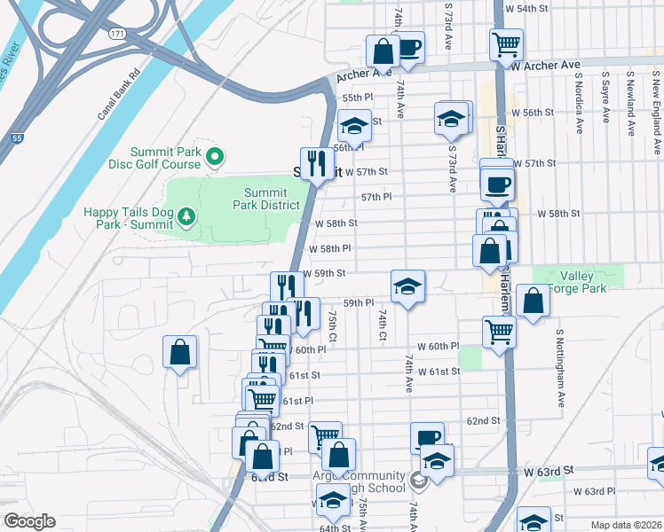 map of restaurants, bars, coffee shops, grocery stores, and more near 7535 West 59th Street in Summit