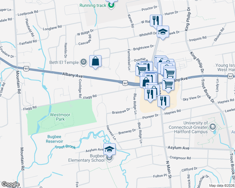map of restaurants, bars, coffee shops, grocery stores, and more near 25 Flagg Road in West Hartford