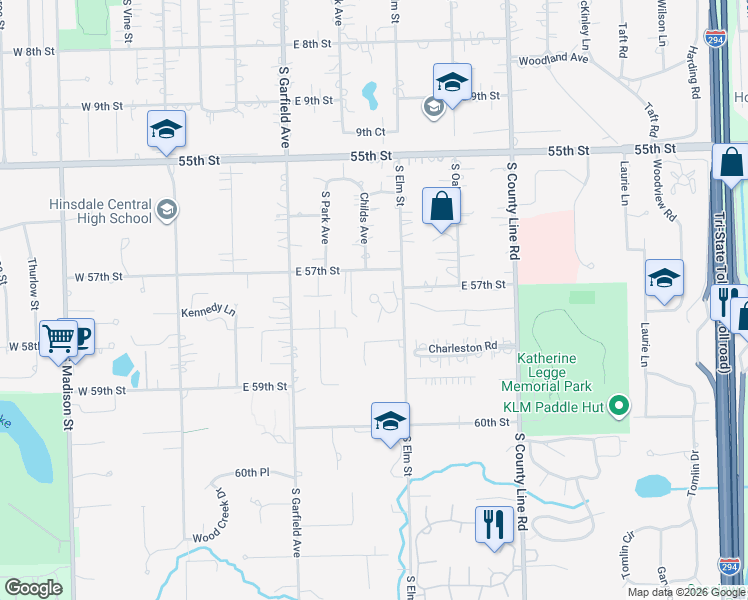 map of restaurants, bars, coffee shops, grocery stores, and more near 340 Claymoor in Hinsdale
