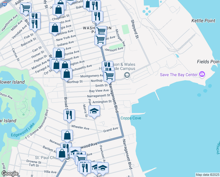 map of restaurants, bars, coffee shops, grocery stores, and more near 165 Narragansett Street in Cranston