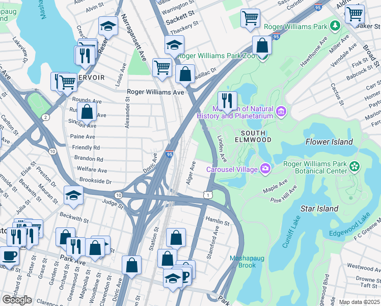 map of restaurants, bars, coffee shops, grocery stores, and more near 53 Alger Avenue in Providence