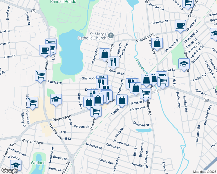 map of restaurants, bars, coffee shops, grocery stores, and more near 34 America Street in Cranston