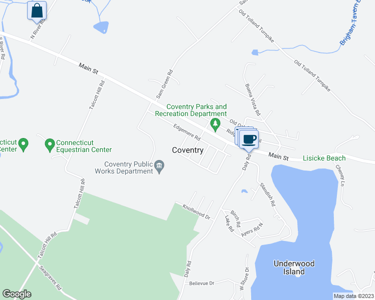 map of restaurants, bars, coffee shops, grocery stores, and more near 28 Beverly Trail in Coventry