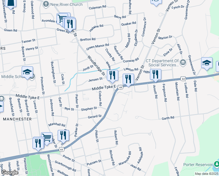 map of restaurants, bars, coffee shops, grocery stores, and more near 585 East Center Street in Manchester