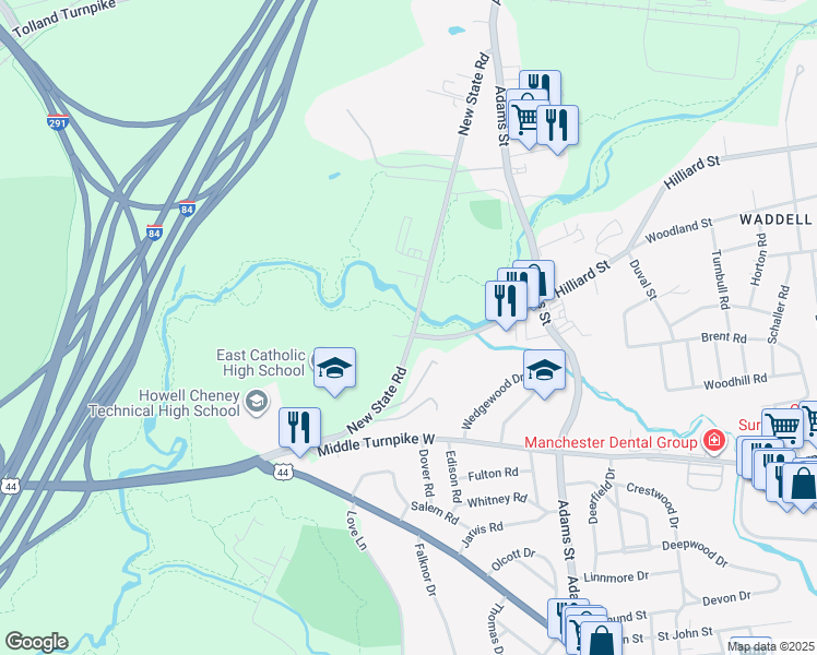 map of restaurants, bars, coffee shops, grocery stores, and more near 184 New State Road in Manchester