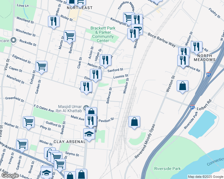 map of restaurants, bars, coffee shops, grocery stores, and more near 619 Windsor Street in Hartford