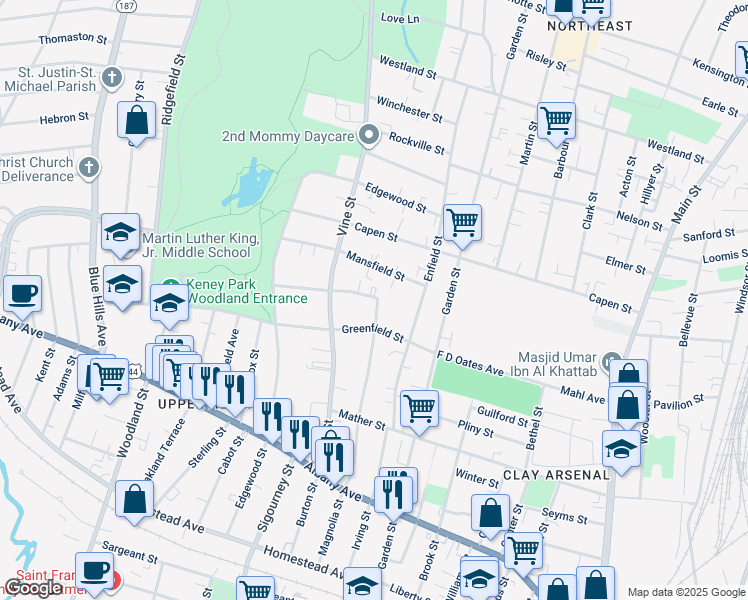 map of restaurants, bars, coffee shops, grocery stores, and more near 66 Greenfield Street in Hartford