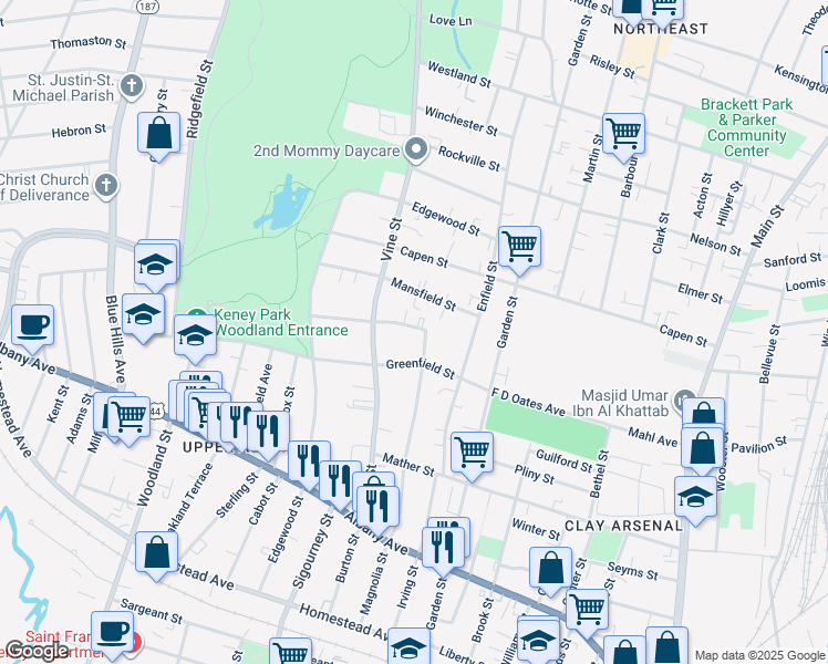 map of restaurants, bars, coffee shops, grocery stores, and more near 66 Greenfield Street in Hartford