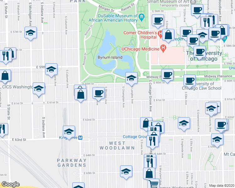 map of restaurants, bars, coffee shops, grocery stores, and more near 606 East 61st Street in Chicago