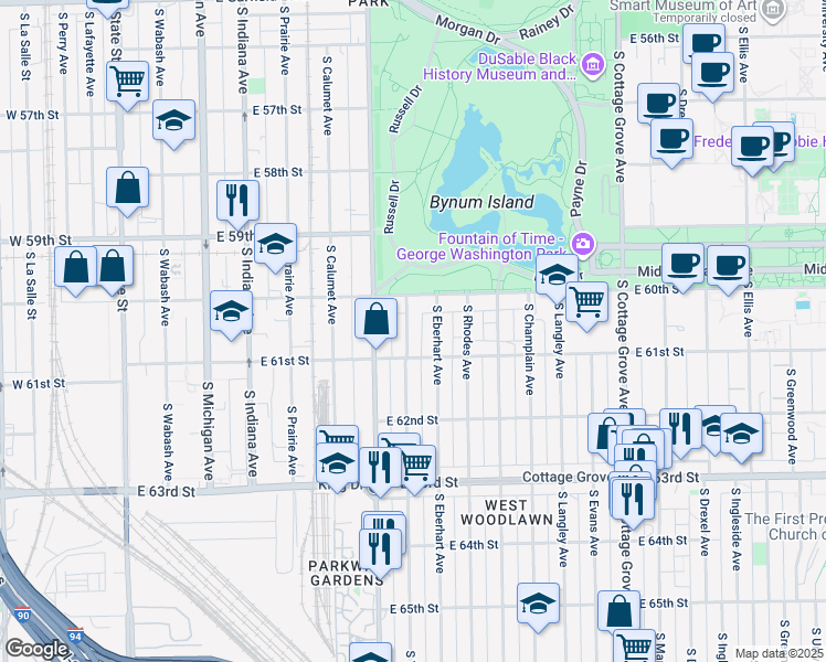 map of restaurants, bars, coffee shops, grocery stores, and more near 502 East 61st Street in Chicago