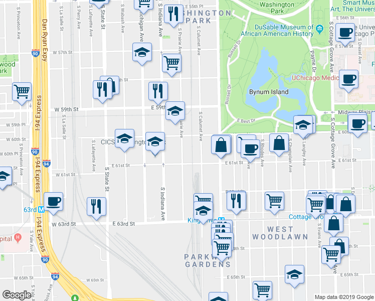 map of restaurants, bars, coffee shops, grocery stores, and more near 312 East 61st Street in Chicago