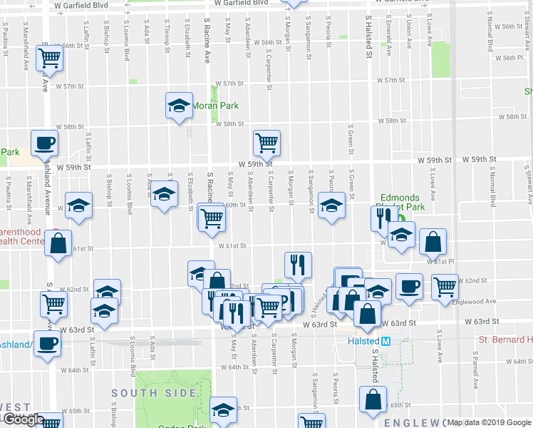 map of restaurants, bars, coffee shops, grocery stores, and more near 6034 South Carpenter Street in Chicago
