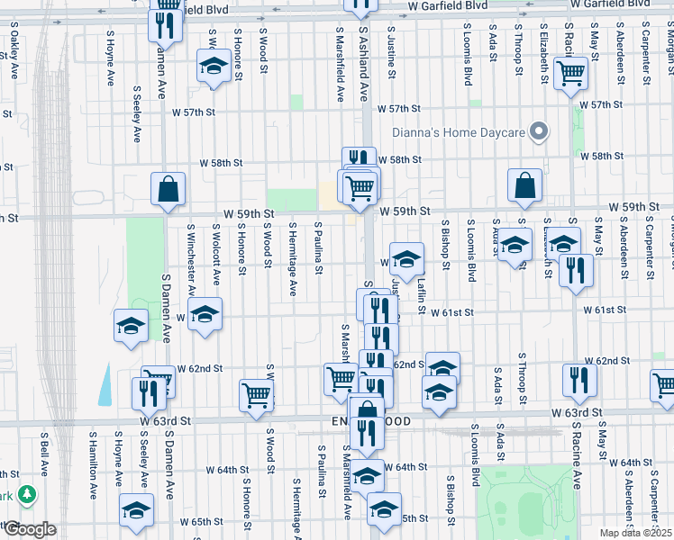 map of restaurants, bars, coffee shops, grocery stores, and more near 6028 South Marshfield Avenue in Chicago