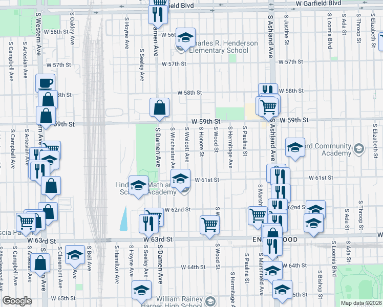 map of restaurants, bars, coffee shops, grocery stores, and more near 6028 South Wolcott Avenue in Chicago