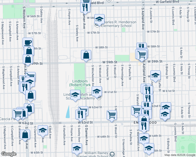 map of restaurants, bars, coffee shops, grocery stores, and more near 6028 South Wolcott Avenue in Chicago