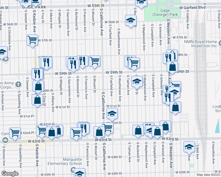 map of restaurants, bars, coffee shops, grocery stores, and more near 6017 South California Avenue in Chicago