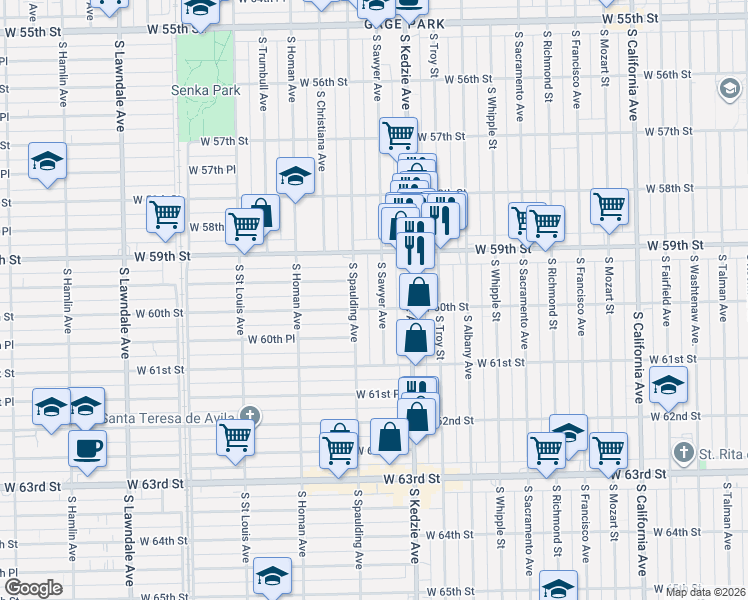 map of restaurants, bars, coffee shops, grocery stores, and more near 6014 South Sawyer Avenue in Chicago