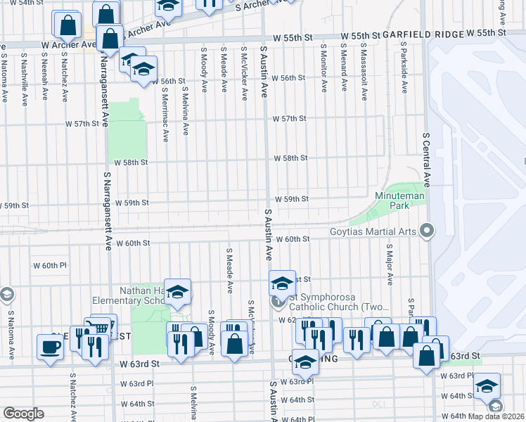 map of restaurants, bars, coffee shops, grocery stores, and more near 5931 South McVicker Avenue in Chicago