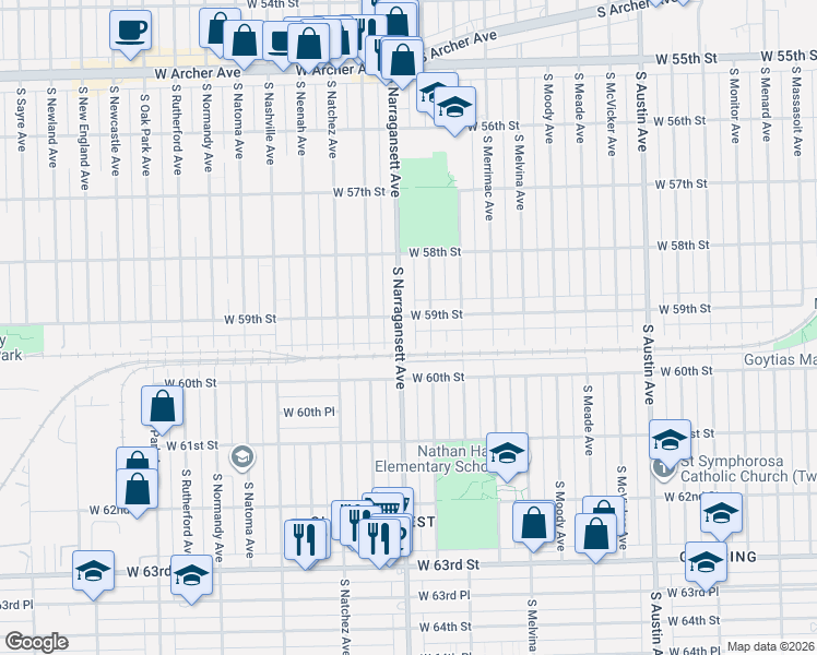 map of restaurants, bars, coffee shops, grocery stores, and more near 5930 South Narragansett Avenue in Chicago