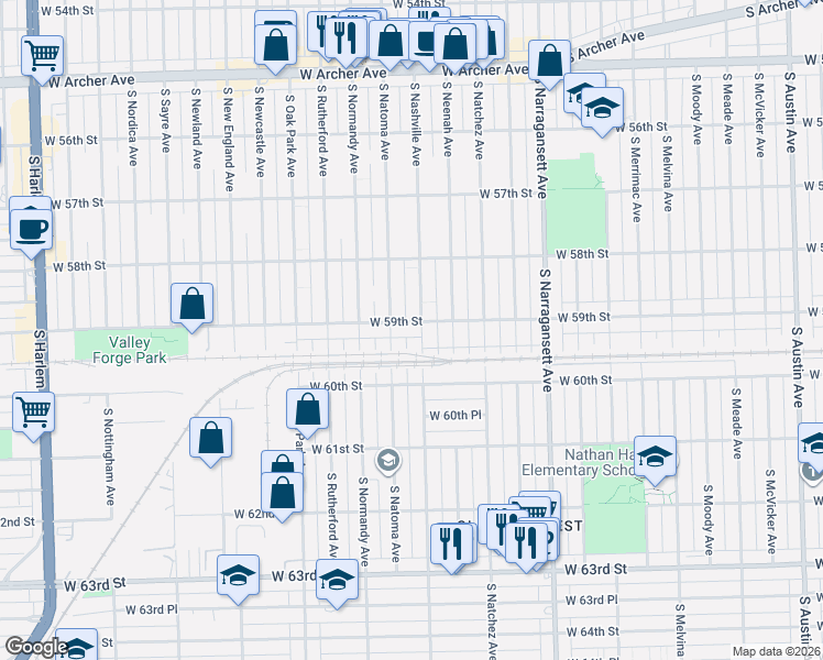 map of restaurants, bars, coffee shops, grocery stores, and more near 5925 South Natoma Avenue in Chicago