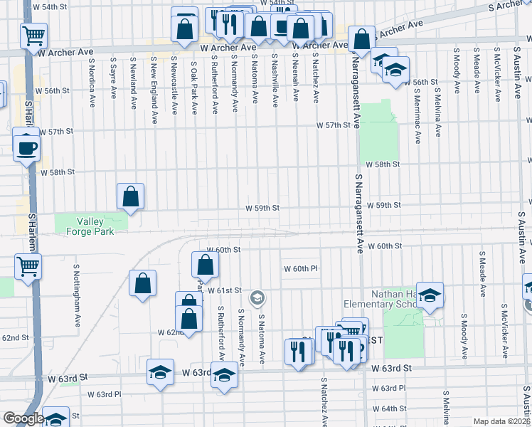 map of restaurants, bars, coffee shops, grocery stores, and more near 5925 South Natoma Avenue in Chicago