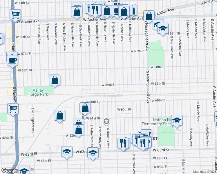 map of restaurants, bars, coffee shops, grocery stores, and more near 5925 South Natoma Avenue in Chicago