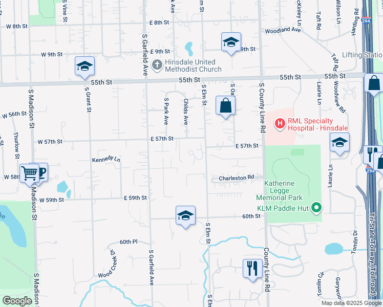 map of restaurants, bars, coffee shops, grocery stores, and more near 340 Claymoor in Hinsdale