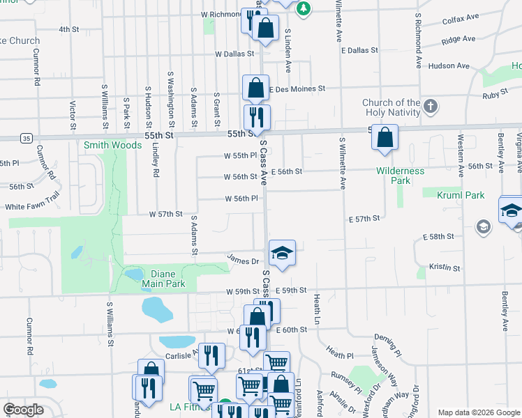 map of restaurants, bars, coffee shops, grocery stores, and more near 608 South Cass Avenue in Westmont