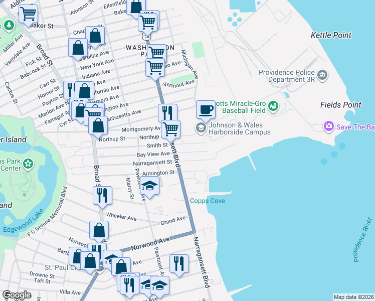 map of restaurants, bars, coffee shops, grocery stores, and more near 1080 Narragansett Boulevard in Cranston