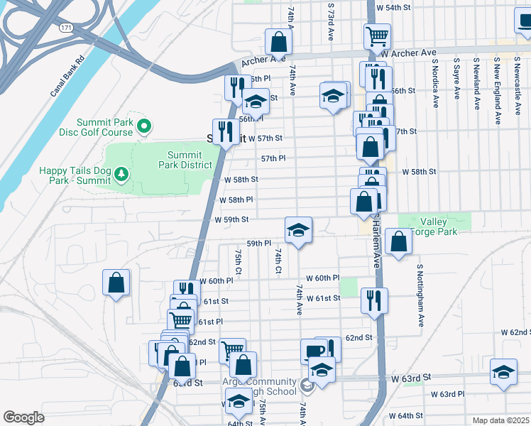 map of restaurants, bars, coffee shops, grocery stores, and more near 7425 West 59th Street in Summit