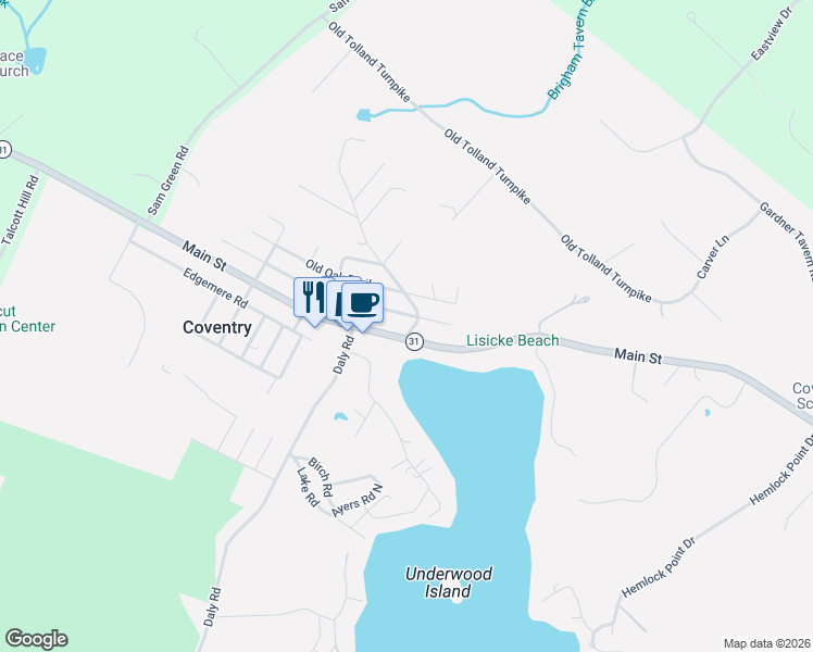 map of restaurants, bars, coffee shops, grocery stores, and more near 2350 Main Street in Coventry