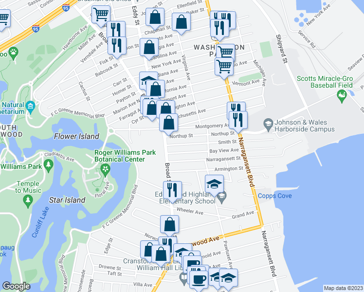 map of restaurants, bars, coffee shops, grocery stores, and more near 350 Smith Street in Cranston