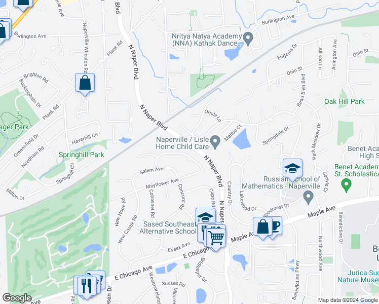 map of restaurants, bars, coffee shops, grocery stores, and more near 25W112 Setauket Avenue in Naperville