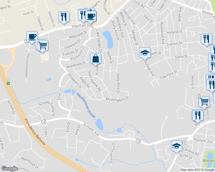map of restaurants, bars, coffee shops, grocery stores, and more near 204 Lake Garden Drive in Cranston