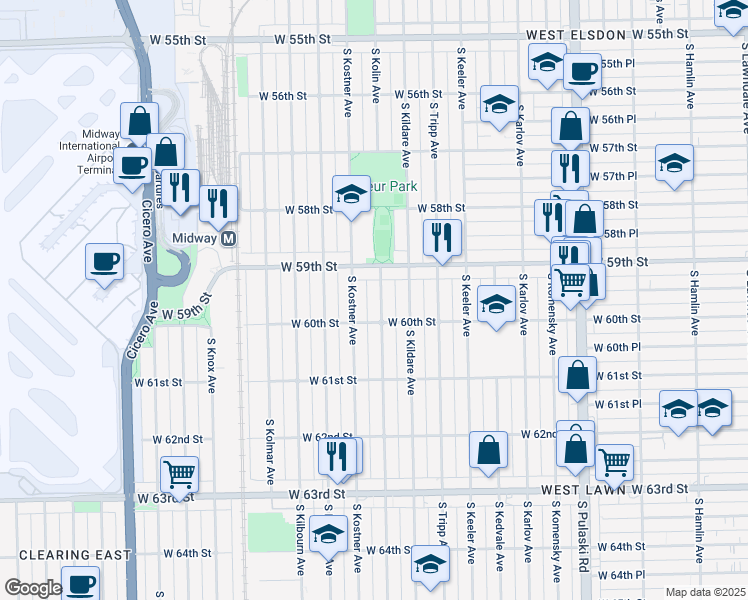 map of restaurants, bars, coffee shops, grocery stores, and more near 5936 South Kolin Avenue in Chicago