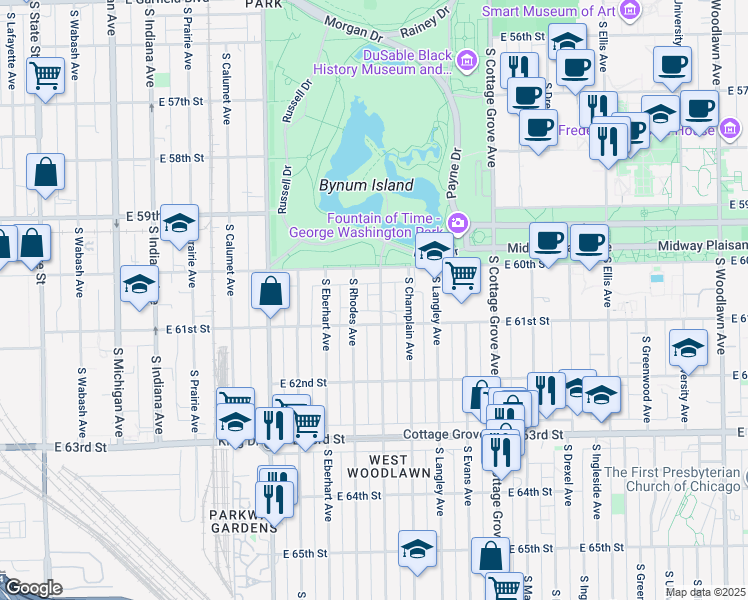 map of restaurants, bars, coffee shops, grocery stores, and more near 6032 South Saint Lawrence Avenue in Chicago