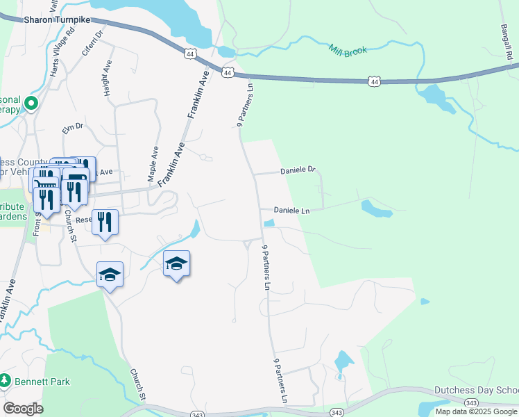 map of restaurants, bars, coffee shops, grocery stores, and more near 9 Partners Lane & Daniele Lane in Millbrook