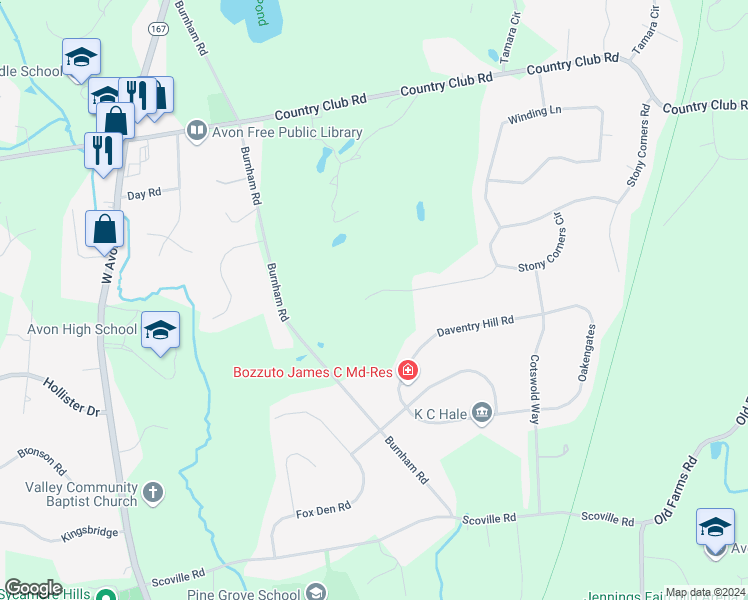 map of restaurants, bars, coffee shops, grocery stores, and more near 75 Old Wood Road in Avon