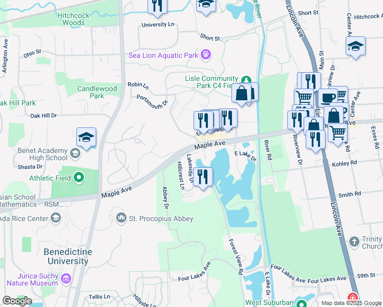 map of restaurants, bars, coffee shops, grocery stores, and more near 1603 Maple Terrace in Lisle