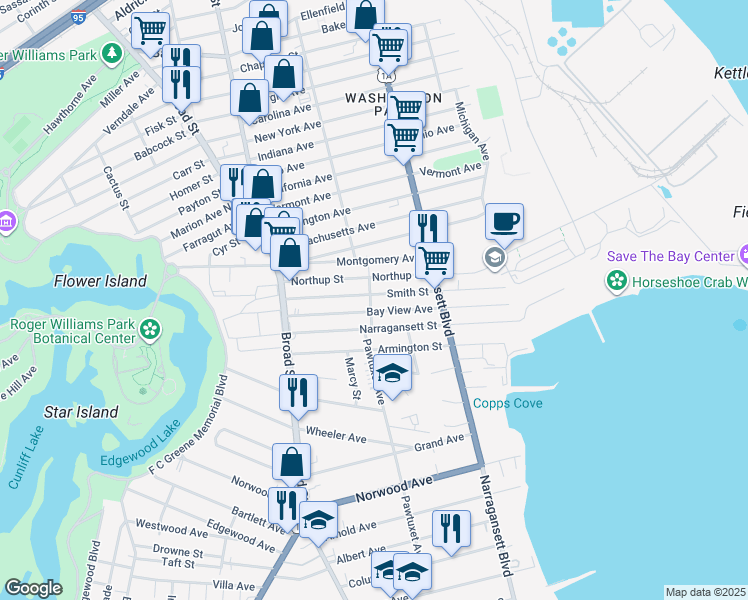map of restaurants, bars, coffee shops, grocery stores, and more near 268 Northup Street in Cranston