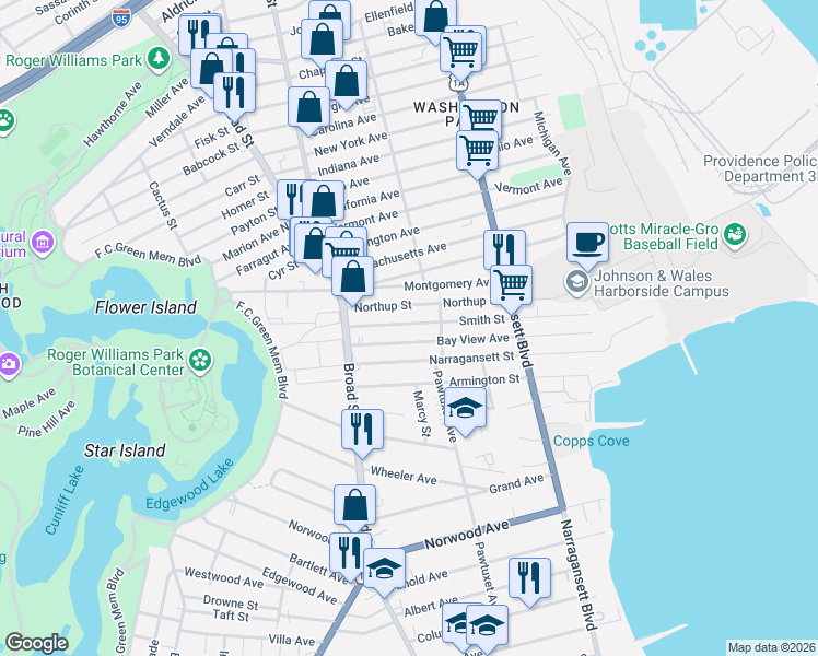 map of restaurants, bars, coffee shops, grocery stores, and more near 315 Northup Street in Cranston