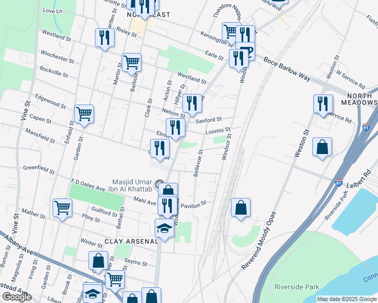 map of restaurants, bars, coffee shops, grocery stores, and more near 2280 Main Street in Hartford