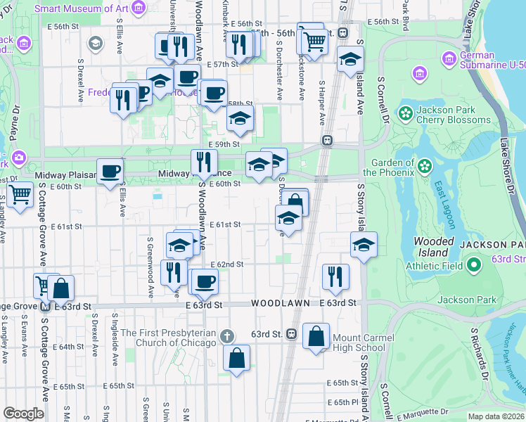 map of restaurants, bars, coffee shops, grocery stores, and more near 5100 South Dorchester Avenue in Chicago