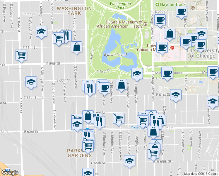 map of restaurants, bars, coffee shops, grocery stores, and more near 539 East 60th Street in Chicago